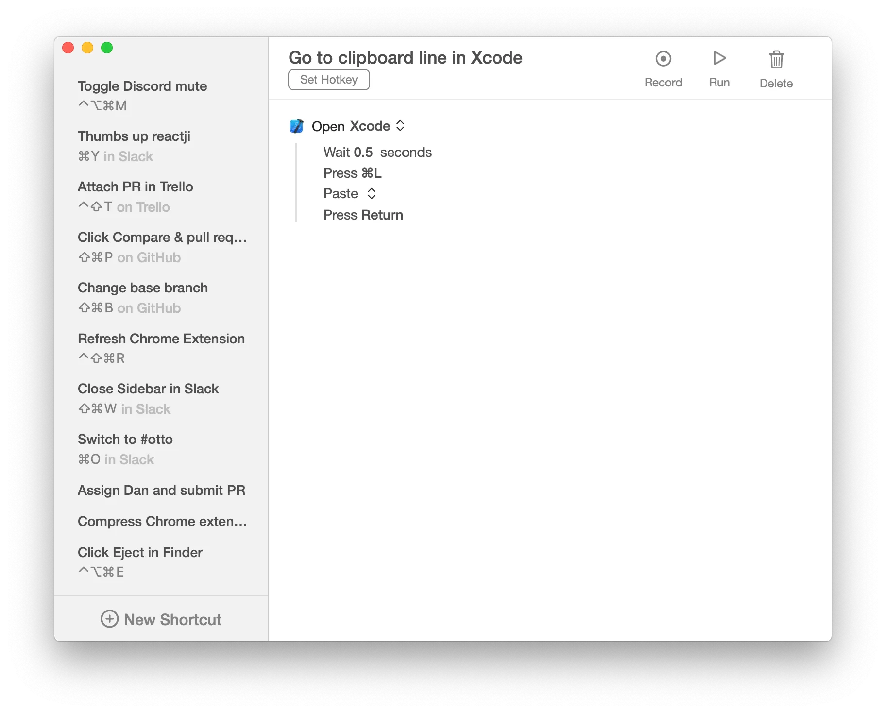 A screenshot of a Keysmith macro to go to a line in Xcode